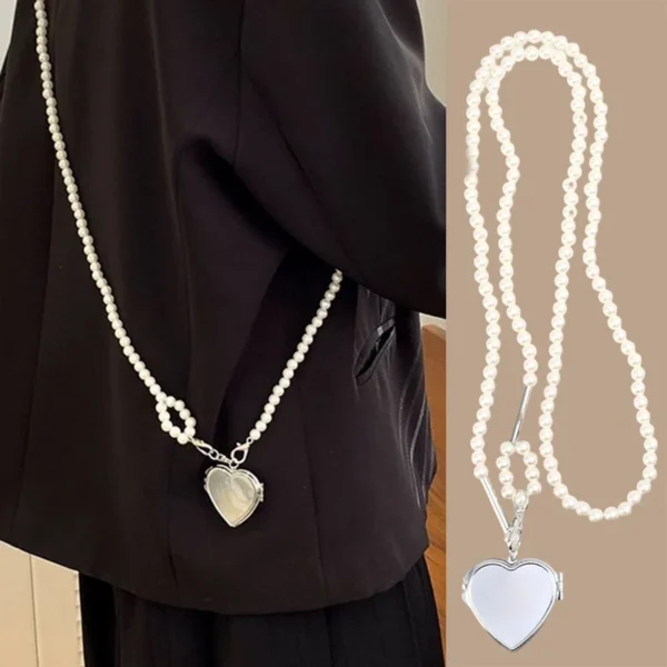 Ladies Fashion Mini Heart Mirror Pendant Pearl Chain