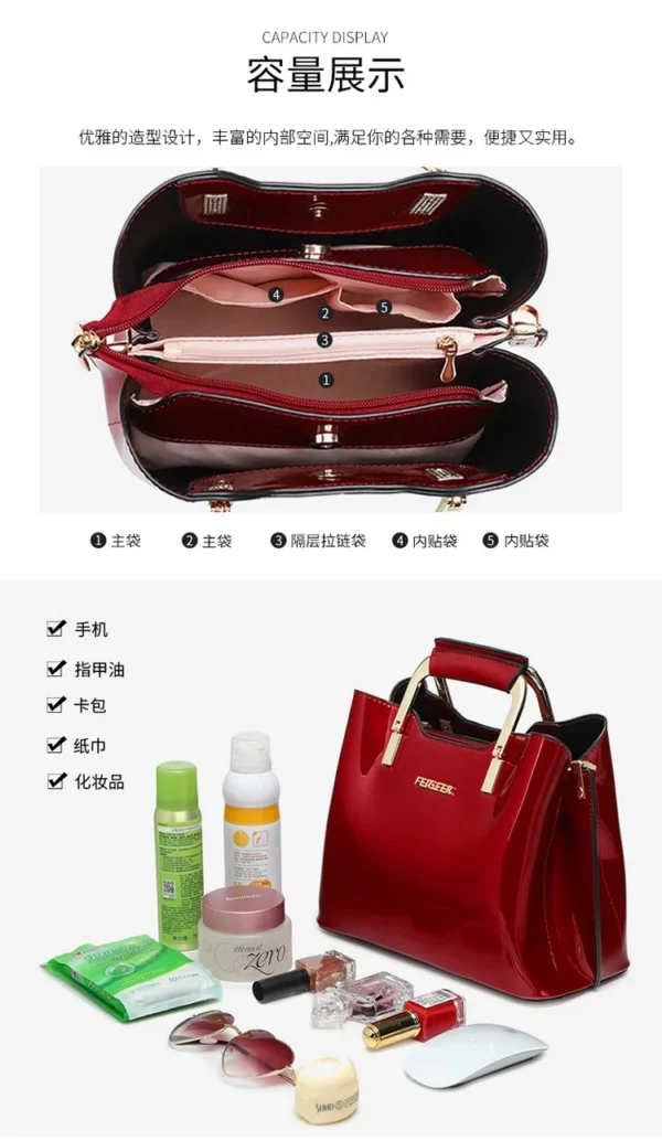 Ladies Bright Patent Leather Luxury Handbag - Image 4