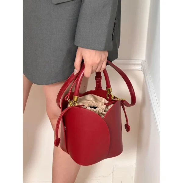 Ladies Luxury Red Petal Bucket Handbag - Image 2