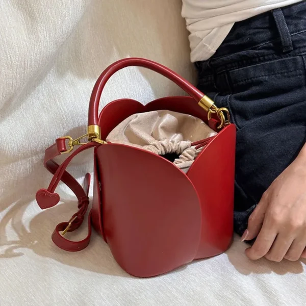 Ladies Luxury Red Petal Bucket Handbag